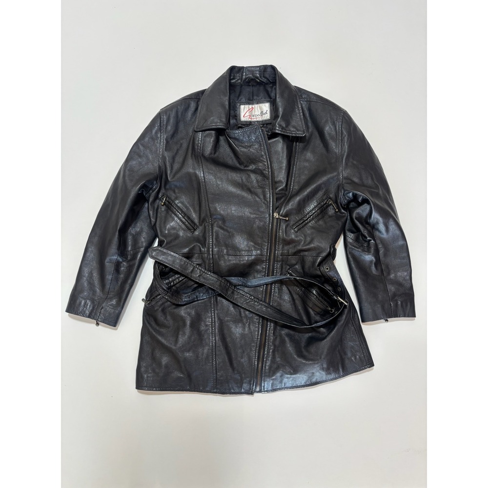 Excelled Vintage Black Leather Belted Moto Jacket Coat Womens Large 29-9993-6